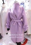 VONNIETOP韩国茧型粉色立领系带羊绒羊毛呢大衣外套女呢子大衣女