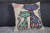 包邮彩绘猫咪小猫靠枕汽车腰垫 卡通办公室靠垫 动物沙发棉麻抱枕