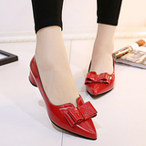 2016夏季新款韩版方头粗跟红色婚鞋蝴蝶结浅口低跟单鞋女大码女鞋