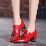 2015春韩版新款女鞋尖头中跟粗跟高跟系带红色黑色网纱水钻女单鞋