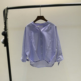 春装新款韩版时尚立领套头宽松显瘦蝙蝠袖衬衫女竖条纹7分袖衬衣