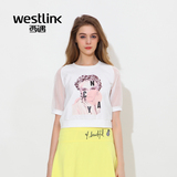 Westlink西遇2016新款宽松人物印花雪纺拼接圆领中袖短款T恤女夏