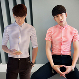 夏季男装韩版休闲竖条纹短袖衬衫修身青年英伦中袖白衬衣男潮寸衫