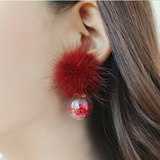 韩国韩版饰品甜美水貂毛毛毛球球空心透明玻璃球水钻流动耳钉耳环