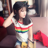 韩国高腰衣服修身短款上衣女夏短袖短装彩虹条纹T恤bf风韩版学生