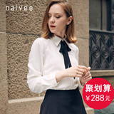 Naivee/纳薇2016春季新品领口系飘带基本款长袖衬衫女162240380