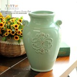 地中海风格 法式美式乡村风格 做旧浅绿色陶瓷花瓶简约花器花瓶