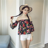 夏季新款韩版女装花色印花宽松短款上衣气质一字领显瘦衬衫+J29