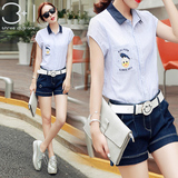 牛仔短裤套装女夏2016韩国时尚简约修身蓝白竖条纹短袖衬衫两件套