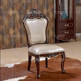 特价全实木欧式餐椅新古典真皮软包餐椅美式深色雕花描金靠背椅子