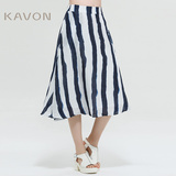 Kavon/卡汶 2016春夏新款设计师品牌 条纹印花苎麻中长A型半裙女
