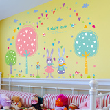 卡通儿童房宝宝动物兔子森林树自粘壁纸卧室幼儿园墙贴画客厅贴纸