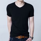 韩版男装V领短袖T恤男士打底衫 紧身夏季半袖 纯色修身上衣服黑色