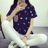韩版学生口袋格子半袖上衣夏装大码女圆领字母修身显瘦短袖女t恤