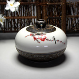 创意黑陶手绘茶叶罐古朴陶瓷茶叶盒密封带盖储物禅莲醒茶罐子