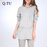 Q.TU品牌夏装新款中长款女式纯棉衬衫休闲宽松长袖女士衬衣夏C520