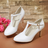 春季女鞋白色真皮单根高跟鞋细跟圆头鞋7cm绑带单鞋正装女士皮鞋