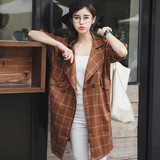 格子风衣女2016春装新款韩中长款廓形茧型大衣外套通勤卷袖外套