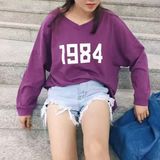 2016韩国新款女装宽松大码不规则1984数字印花长袖T恤纯棉薄款V领