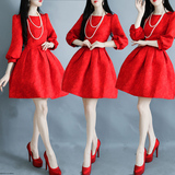 AR2016春装新款一字领大红色灯笼袖连衣裙中长款显瘦蓬蓬礼服裙子