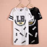 2016夏拉拉波波女中长款LB字母短袖T恤宽松大码学生运动嘻哈风