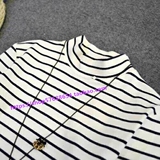 韩国新款超大码小高领黑白条纹修身t恤女长袖纯棉修身显瘦打底衫