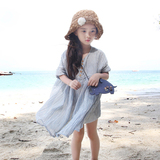 韩国童装女童夏季蓝色条纹沙滩裙儿童度假舒适宽松棉麻短袖连衣裙