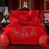 结婚庆床上用品大红纯棉提花四件套贡缎六八十全棉床单被套刺绣花
