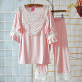 夏天韩版可爱蕾丝公主pink睡衣女士纯棉夏季中袖莫代尔家居服套装