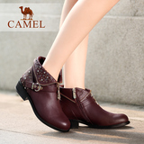Camel骆驼女靴 新款时尚个性及祼靴 圆头铆钉侧拉链中跟短靴