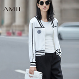 Amii[极简主义]2016秋女条纹立领长袖毛针织开衫空调衣薄运动外套
