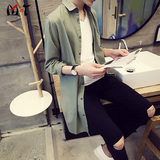 春季新款韩版男士中长款长袖衬衫青少年潮外套简约时尚修身披风男