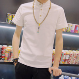 夏季男装纯色套头亚麻日系衬衣青少年潮流男士修身棉麻白短袖衬衫
