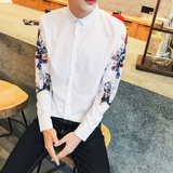 秋季韩版男装印花长袖衬衫衣服 发型师修身型小领男士紧身衬衣潮