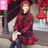 柳言韩国2015秋冬装韩版黑红色格子修身呢子大衣毛呢外套女中长款