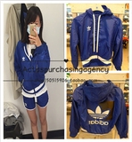 正品代购Adidas运动外套夹克 三叶草女生新款蓝色防风衣女 AJ8854