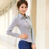 2016春装新款韩版女式翻领OL竖条纹衬衫修身显瘦职业工装长袖衬衣