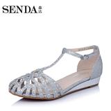 Senda/森达夏季商场同款时尚休闲舒适亮片布坡跟女凉鞋E3V02BL5