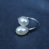 925银镶天然白色米形水滴淡水珍珠戒指 可调节饰品指圈