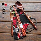 包邮木质环保筷子便携木制餐具套装旅游实木勺子5件套日式布袋