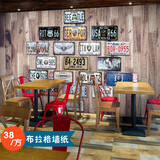 3D立体木纹条纹壁画复古怀旧车牌壁纸休闲酒吧咖啡奶茶店餐厅墙纸