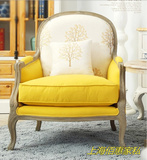 美式乡村实木老虎椅法式复古做旧布艺单人沙发单人椅休闲沙发椅