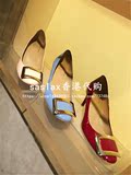 香港代购RV高跟鞋漆皮水钻方扣浅口单鞋香蕉跟女鞋圆头细跟mb婚鞋