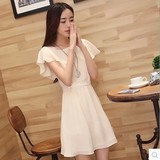韩国SZ正品代购夏季新款女装韩版气质修身显瘦纯色短袖雪纺连衣裙