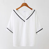 白色大v领t恤女中袖夏季简约新款韩版显瘦拼色蝙蝠袖宽松休闲上衣