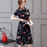韩国女装夏季新款连衣裙2016修身衬衣领中长款及膝印花雪纺a字裙