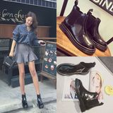 2016新款珊珊同款韩版圆头粗跟骑士马丁靴松紧带漆皮黑色短靴