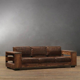 美式复古LOFT工业风格铁艺做旧实木皮革软垫三人沙发椅仿古卡座