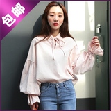 韩国 chic复古宫廷风系带喇叭袖长袖白衬衫 气质甜美灯笼袖娃娃衫