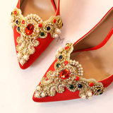 新款金色蕾丝新娘鞋细跟红色绸缎秀禾鞋中式结婚鞋水晶高跟单鞋女